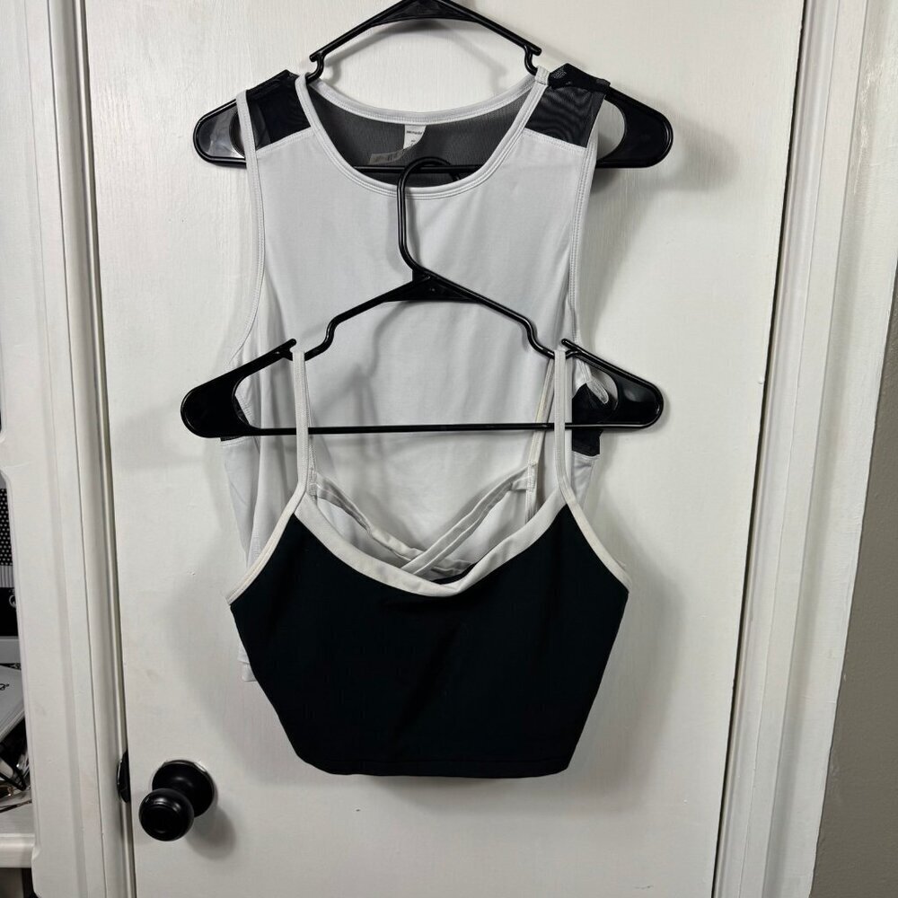 2 pc set marika white black mesh tank top and strappy black sports bra